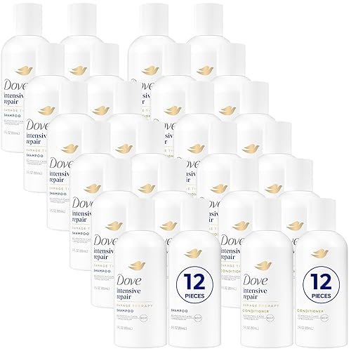 Dove Travel Essentials - Juego de champú y acondicionador (12 juegos, 24 botellas)  Reparación intensiva con queratina para Rivitalizar el cabello