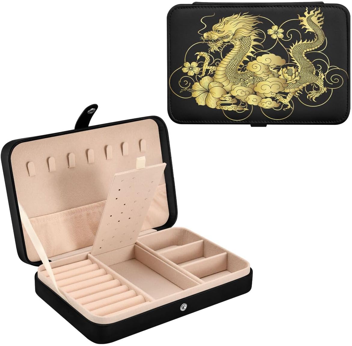 Bolaz Leather Jewelry Box Jewelry Case Storage Box Gold Japanese Dragon For Rings Earrings Necklaces