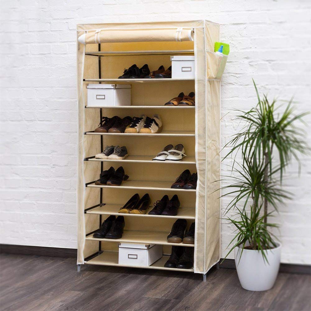 BAKAJI Armario zapatero ahorra espacio, 10 estantes, hasta 45 pares de zapatos, estructura de acero y revestimiento de tela TNT impermeable, con cierre de cremallera, antipolvo, beige, 90 x 30 x 160