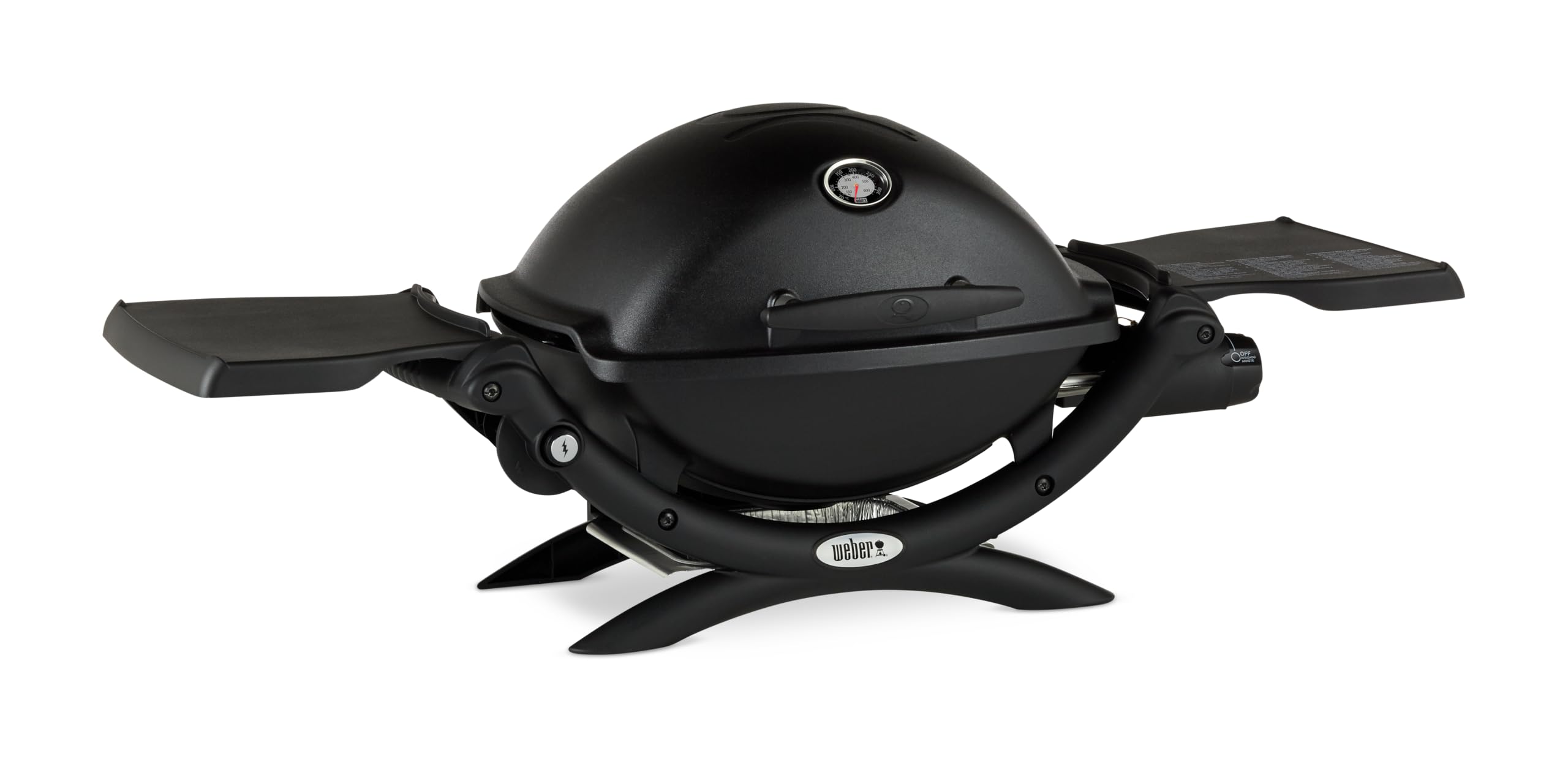 Weber Q 1200 Gasgrill, 43 x 32cm Grillfläche, Portable, 1 Brenner, 2-geteilter porzellanemaillierter Guss-Grillrost, mit Deckelthermometer - Schwarz