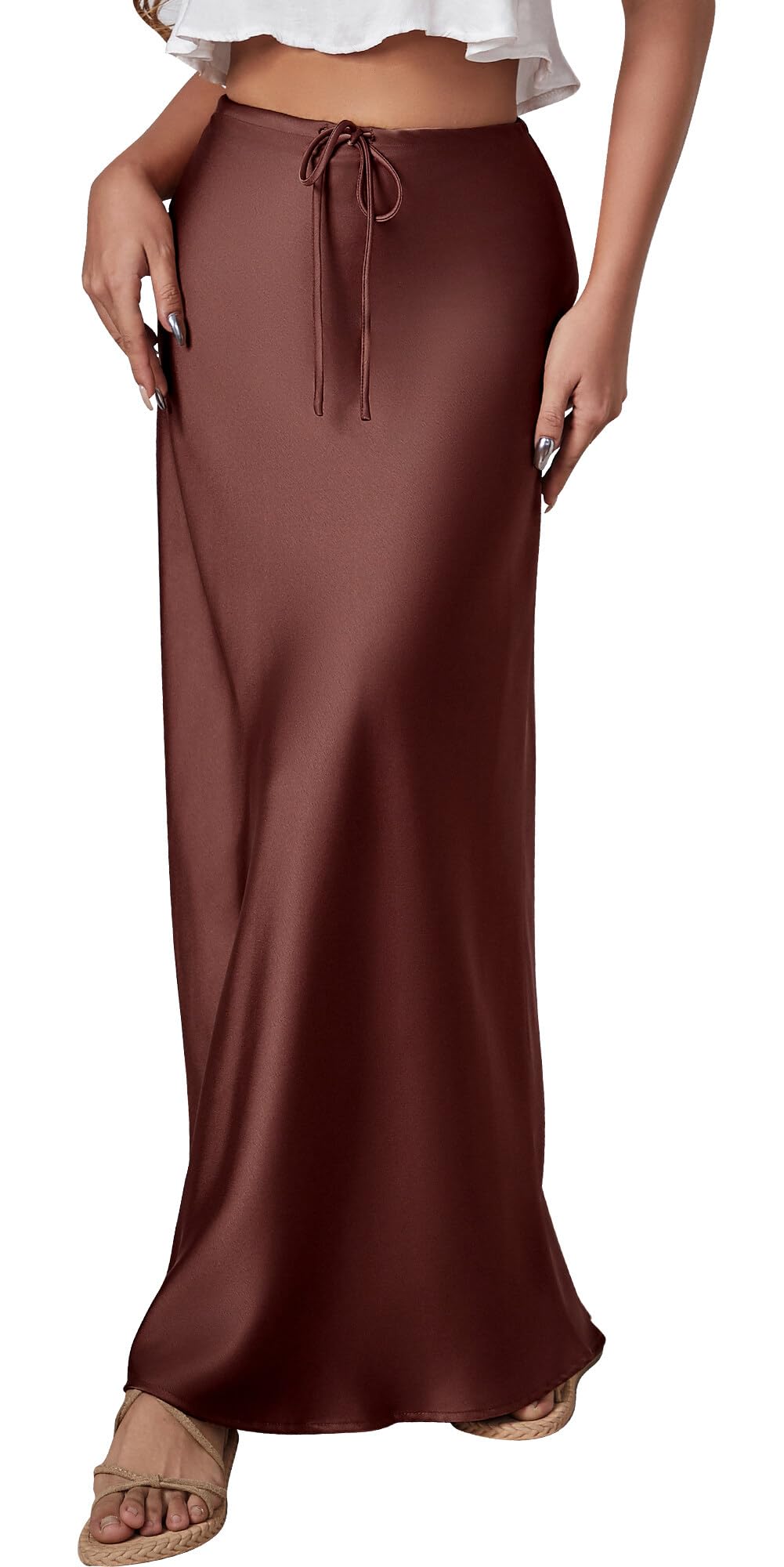 FEOYA Longue Jupe en Soie Artificielle pour Femmes Jupe ÉLégante et Fluide en Satin de Soie Jupe Longue de Cocktail pour La Fête