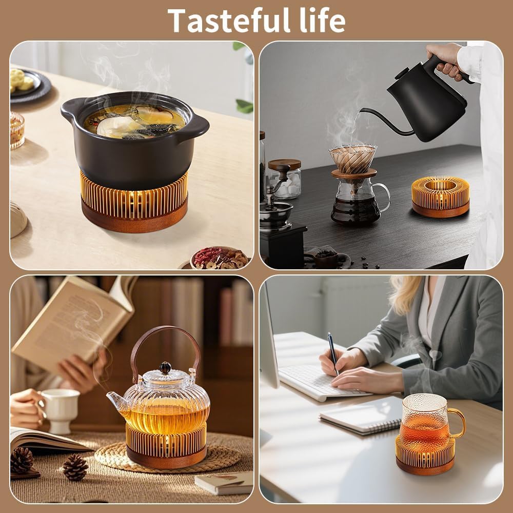 Calentador de Tetera de Aluminio con Base de Madera, Universal para Té, Café, Camping