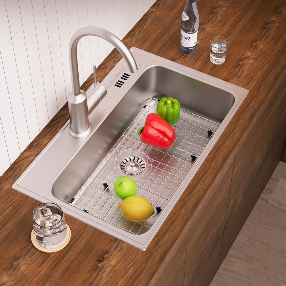 Stainless Steel Sink Grid Protectors, Removable Metal Sink Rack Bottom of Kitchen, 27.5" x 14.6" with Rear Drain for Single Sink Bowl