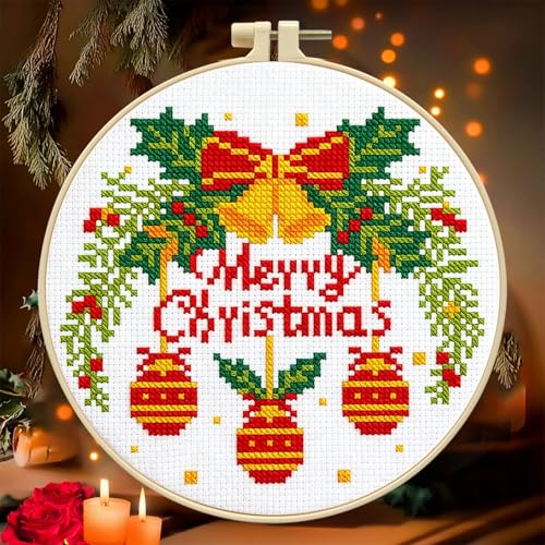 Image of Zhenqing Christmas Bells Cross Stitch Kit with Hoop - 11CT Pre-Printed 24x24cm Fabric & Complete Tools for Beginners (68348)
