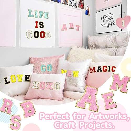 Miniatura 4 de 26 parches de letras de felpilla grandes de 3 pulgadas, color rosa A-Z, letras termo-adhesivas para tela y ropa, bordado con purpurina para chaqueta