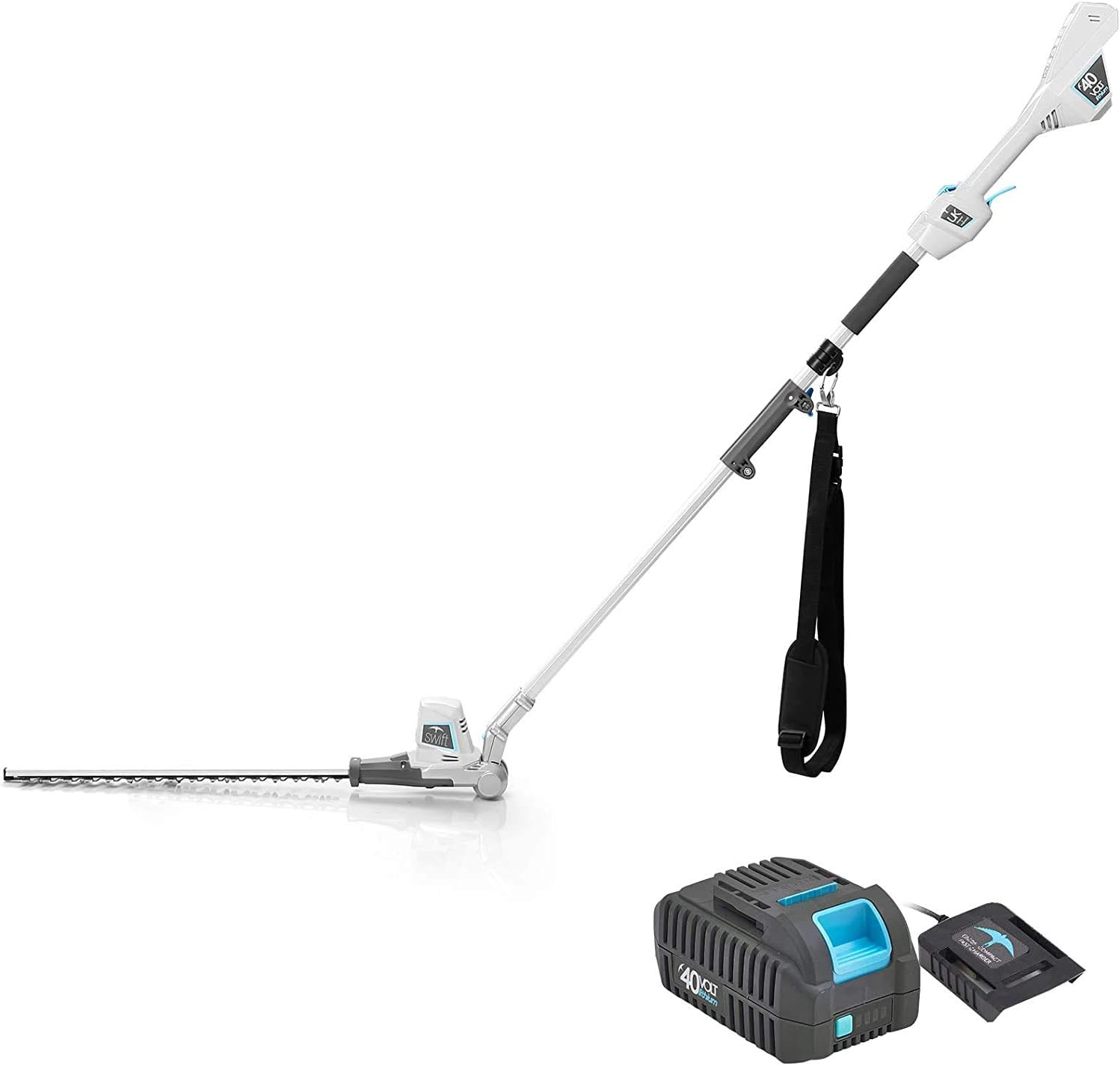swift 40V Cordless Long Reach Hedge Trimmer, Pole Hedge Cutter 46cm Cutting Length Adjustable Head with Shoulder Strap, Incl. 1pc 2.0Ah Battery and Charger