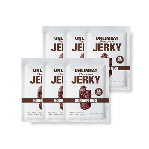 UNLIMEAT Jerky BBQ coreano Alto en proteínas A base de plantas, 1.09 oz de proteína, coreana, sin OMG, baja en grasa, bolsas de 2.5 onzas