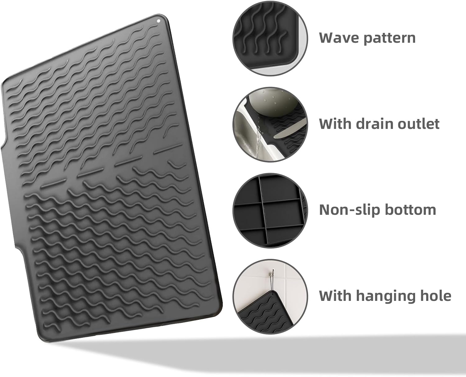 Dish drying mats for kitchen counter, Silicone dish drying mat ,Heat resistant mats for countertop,With drain port ,Stone drying mat for kitchen counter (15.6" x 13", black) - Image 4