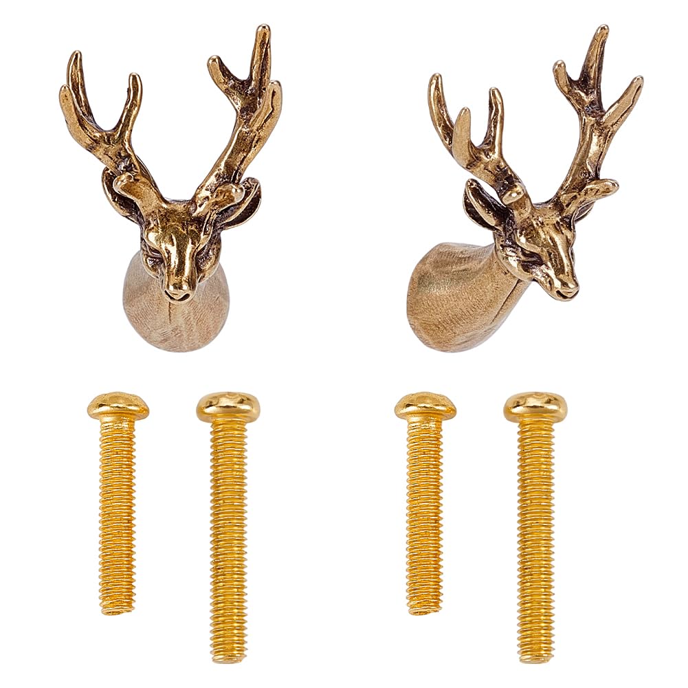 WADORN 2Pcs Brass Deer Cabinet Knobs, Gold Animal Drawer Knobs with Screws Vintage Single Hole Dresser Pull Handles for Cupboard Furniture Kitchen Wardrobe Bathroom Decorative Door Pulls Hardware