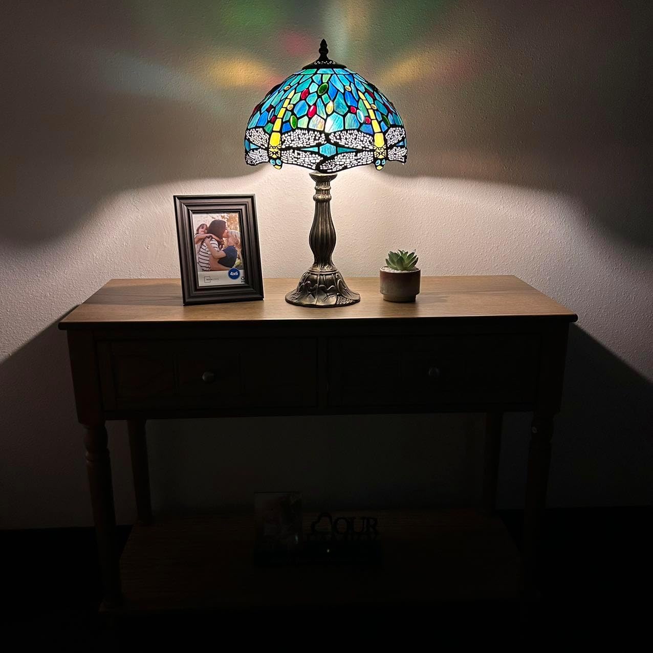 Tiffany Table Lamp Dragonfly Green Blue Stained Glass Vintage for Living Room Dining Room Bedroom Bedside Office Hotel H18*W12 in