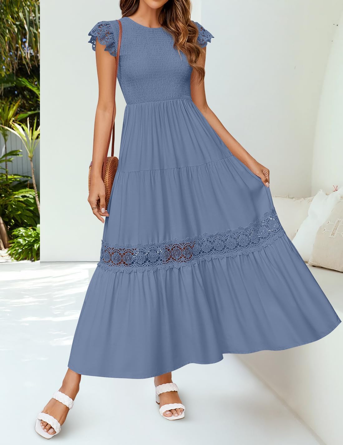 ZESICA Women's Casual Crew Neck Flutter Sleeve Smocked High Waist Hollow Out Lace Trim Tiered A Line Midi Dress - Image 2