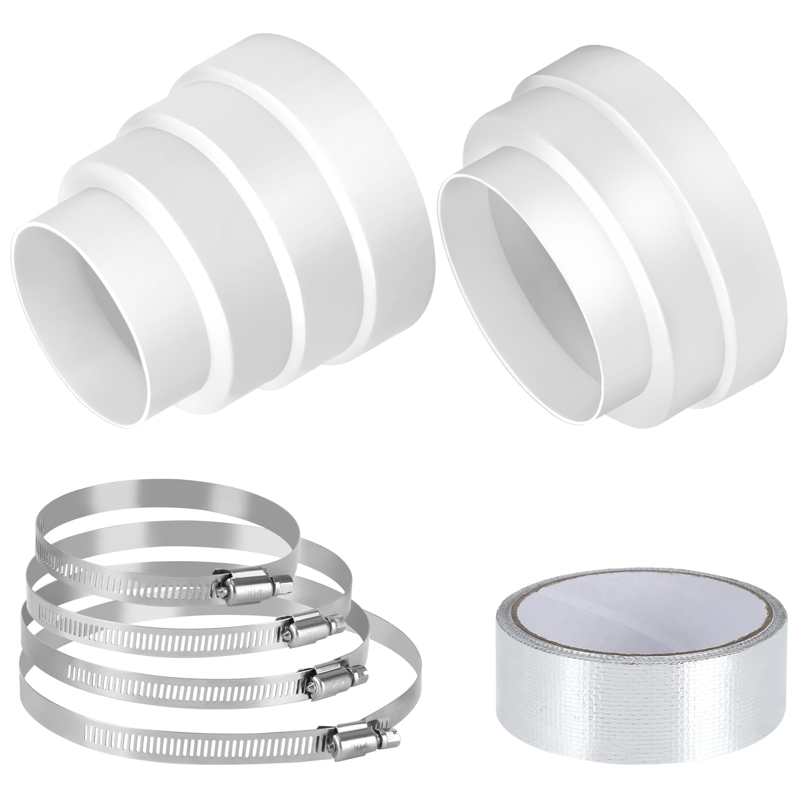 2 adattatori per tubo di scarico da 120 mm a 160 mm, adattatore per tubo rotondo con fascette stringitubo in acciaio inox e nastro in pellicola di alluminio, connettore riduttore per cappa