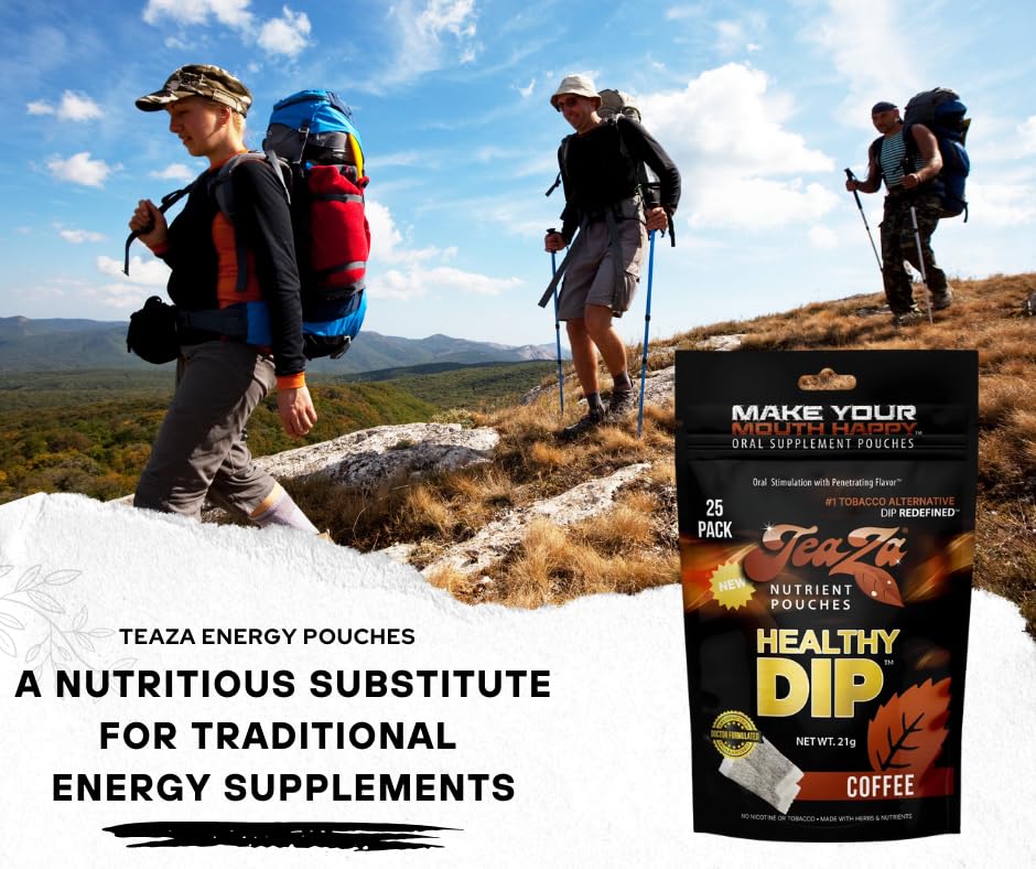 Image of Teaza Herbal Energy Pouches, Tobacco Alternative Nicotine Free, Smokeless Alternative Snuff and Healthy Dip, Tobacco Free Chew Premium Flavored | Coffee | 25 Pouch Pack