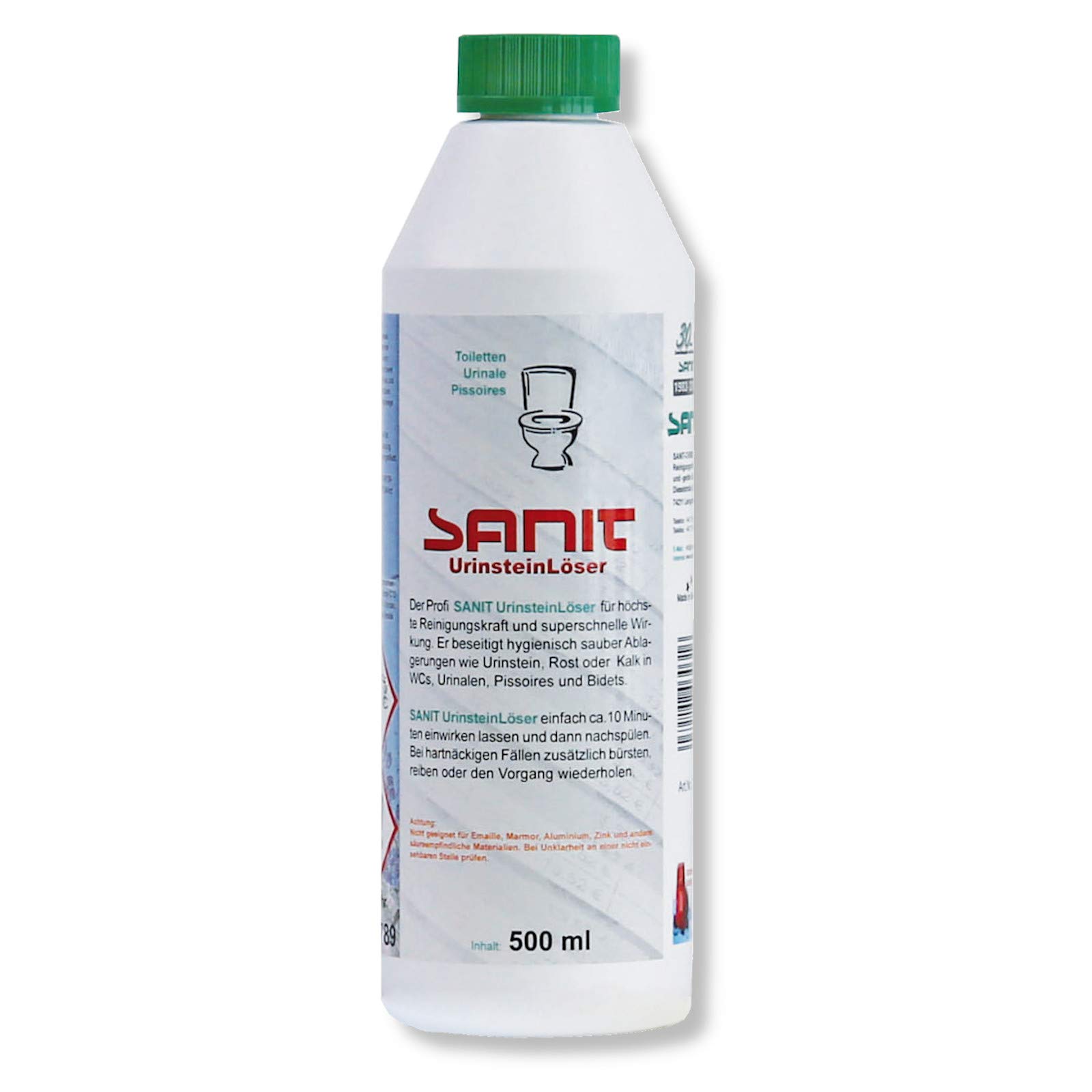 DEWEPRO Set: SANIT Urinsteinlöser 3031-6 Flaschen à 500ml - der Profi WC Reiniger extra stark - Kalklöser - höchste Reinigungskraft, inkl. 1 St. DEWEPRO® Single Scrubs