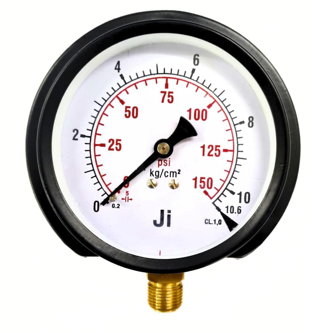 "Ji" Japsin Instrumentation - Commercial Pressure Gauge, 4" Dial, Range 0 to 10.6 Kg/Cm2 with Dual Scale of 150 PSI, Surface Mounting Bottom Entry, 3/8" BSP Connection, MS Case & Brass Internals-image-33