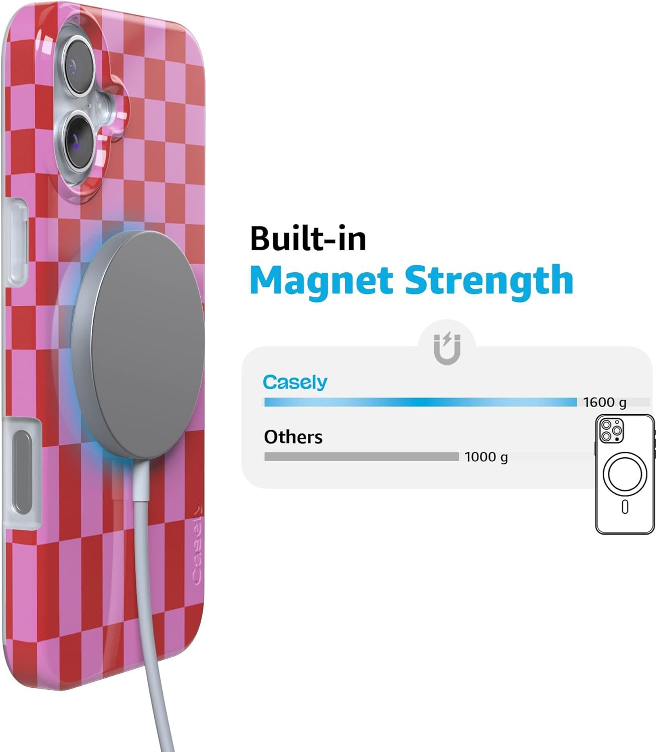 Casely iPhone 16 Plus Case | Vibe Check | Pink Checkerboard | Compatible with MagSafe | Classic Ultra Thin Design