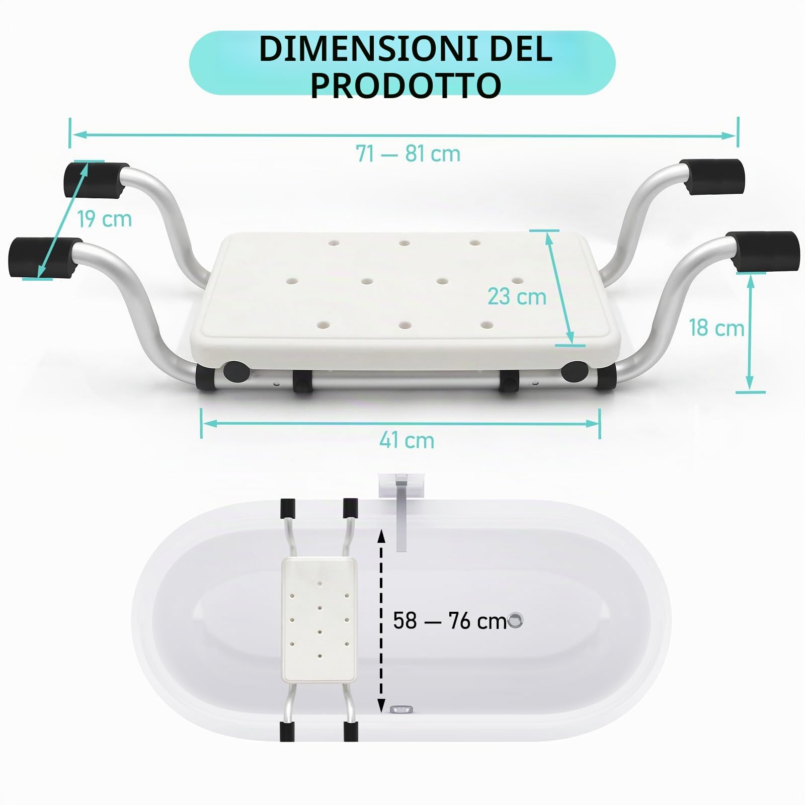 Sedile per vasca da bagno per anziani, testa antiscivolo, per doccia, vasca da bagno, piedini semicerchi in gomma con superficie antiscivolo, in alluminio, portata fino a 120 kg, colore nero