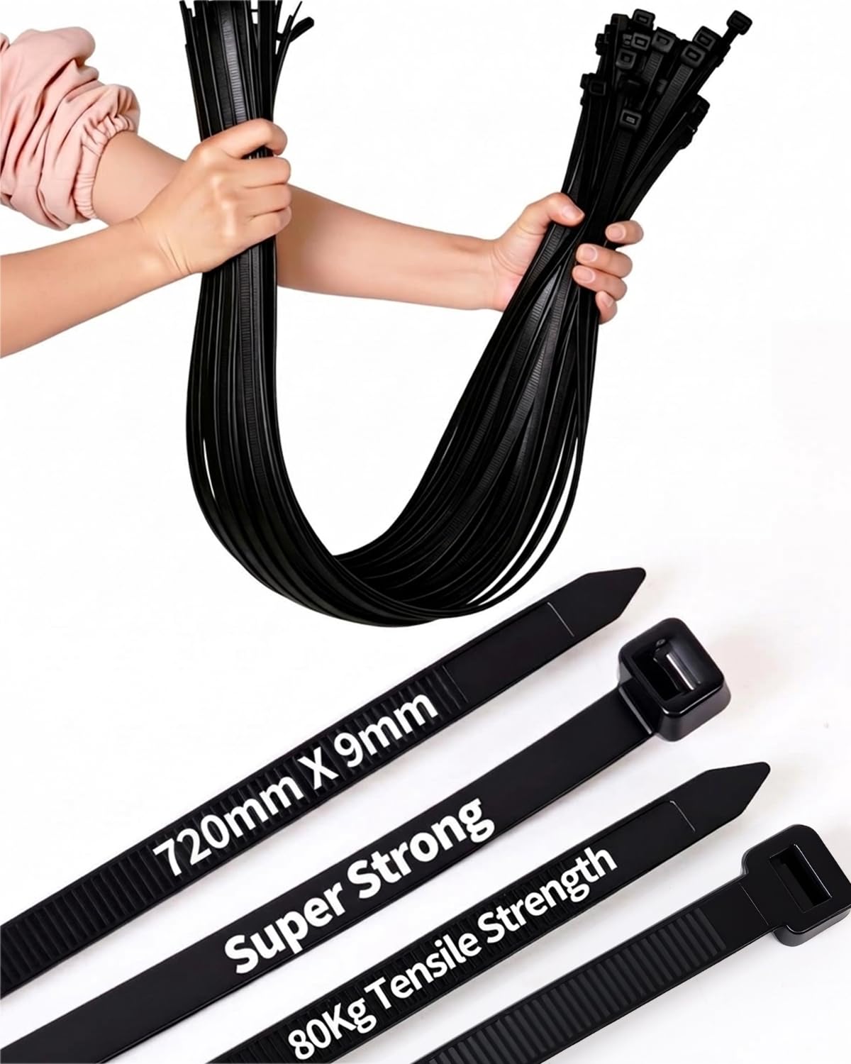 50 PCS Black Cable Ties Heavy Duty, 720mm x 9mm Long with 80 KG Ultra Strong Tensile Strength, Large UV Resistant Cable Ties Extra Long Tie Wraps for Outdoor Use (Black, 720mm x 9mm)