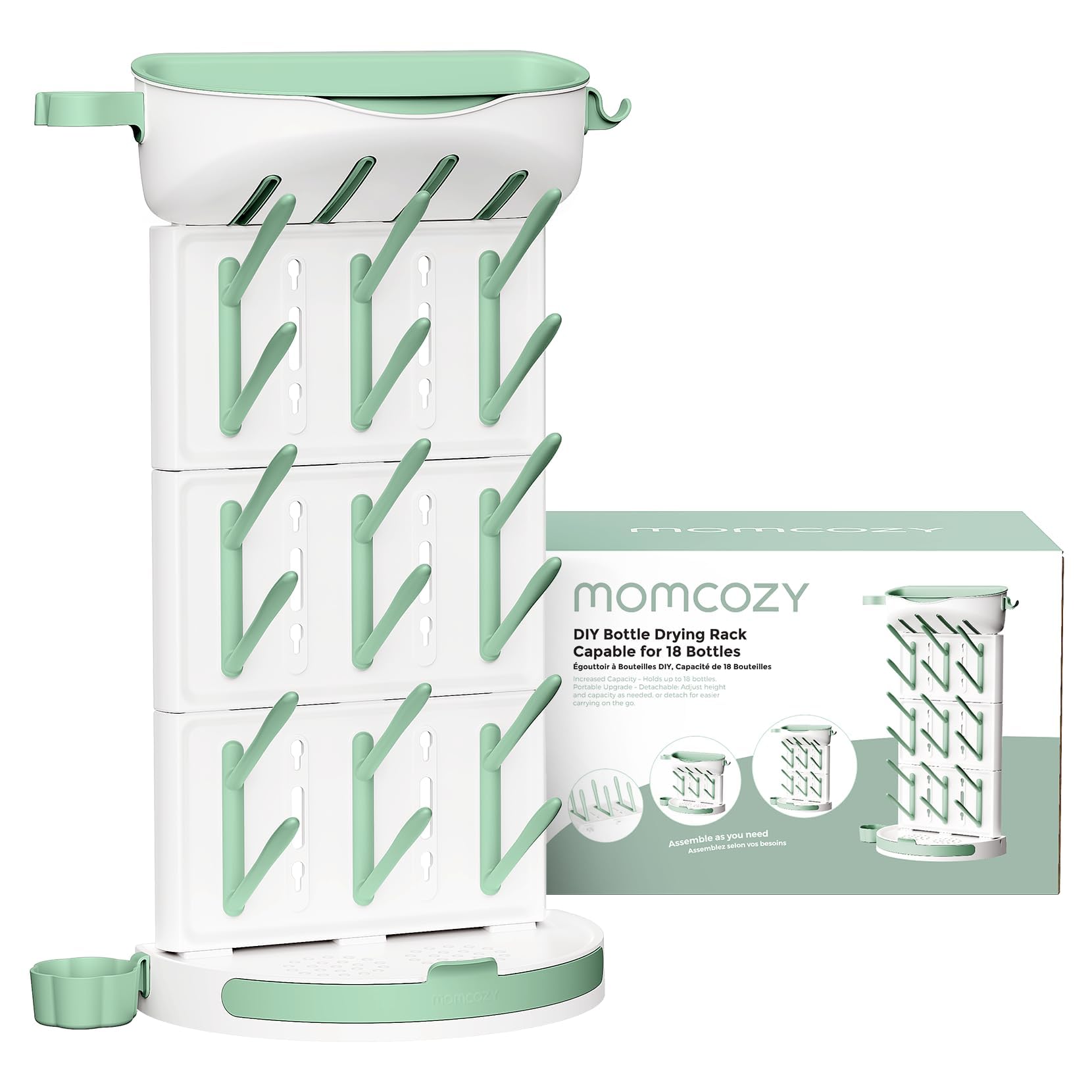 Momcozy Stendibiancheria verticale per biberon, grande capacità, 18 unità, design modulare compatto con portaspazzole integrato, asciugabottiglie per tettarelle, tiralatte e accessori