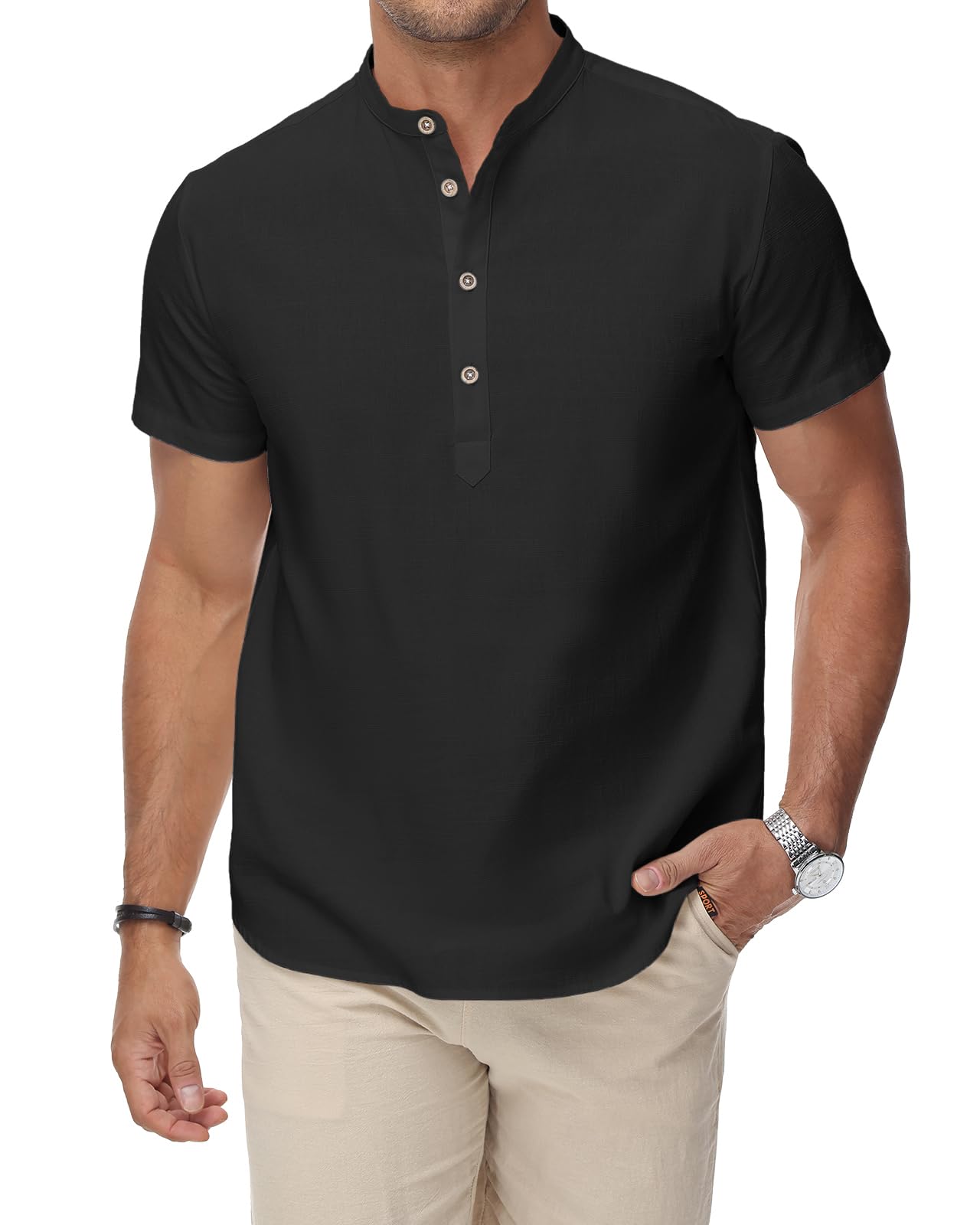 HMIYA Herren Sommerhemd Baumwolle Leinen Kurzarm Hemd Herren Henley-Kragen Lässiges Regular Fit Shirts