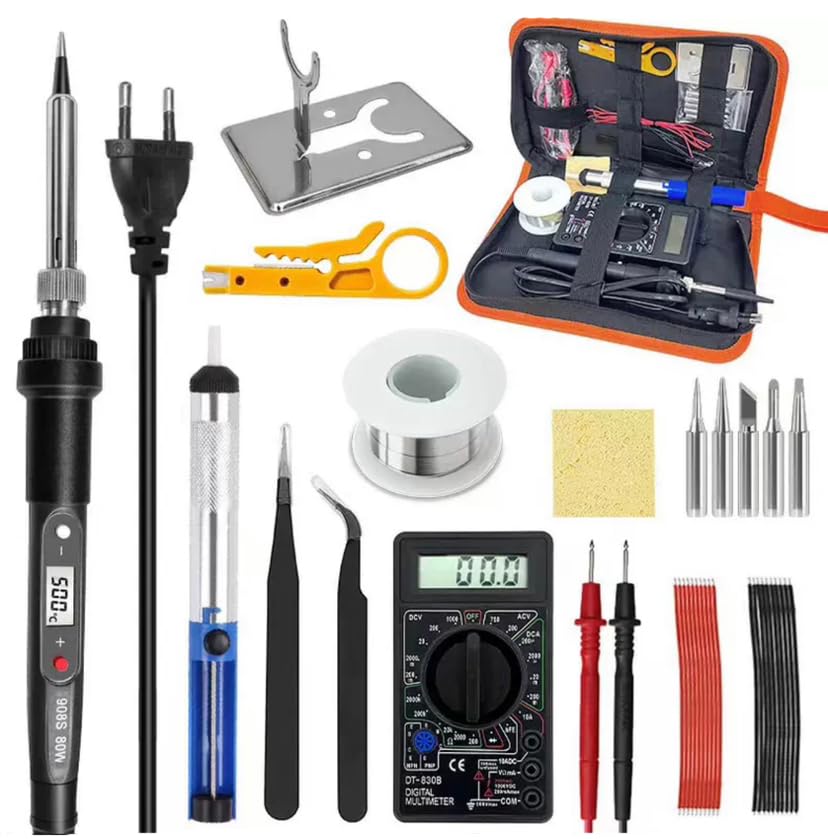 Soldador de estaño 80W Kit 17 en 1 Soldador Profesional con Temperatura Ajustable 180℃-500℃, con multímetro digital, 5pcs Puntas, Bomba Desoldadora, Soporte, Pinzas Antiestáticas, Alambre de Soldadura