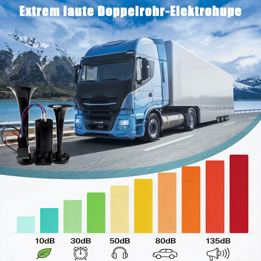 LKW Hupe 12V, 135DB LKW hupe, Doppelrohr Train Horn mit Kompressor, Lufthorn Druckluft Hupe Kit, für 12V Fahrzeuge LKW Lörries Züge Boote Cars Vans, Schwarz