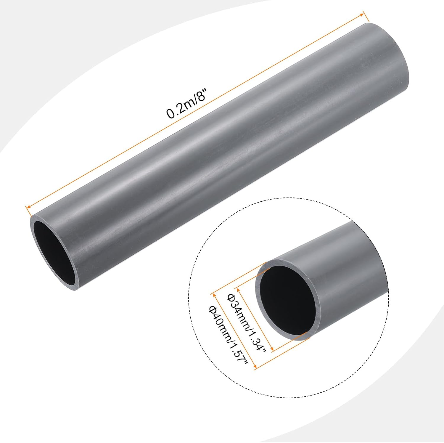 MECCANIXITY 1.6 Inch PVC Rigid Tube Round Pipe Tubing Hardware Tubing 34mm ID 40mm OD 8" Length Light Grey High Impact for Water Pipe, Crafts