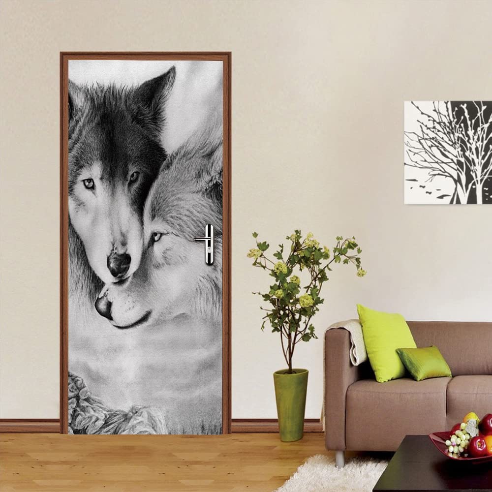 Adesivi per Porte Interne 3D Carta Parati Porta Fotomurali Poster Wallpaper Sticker Murale Parete Autoadesiva per Camera da Letto Soggiorno decorativi 80x210 cm Lupo Animale