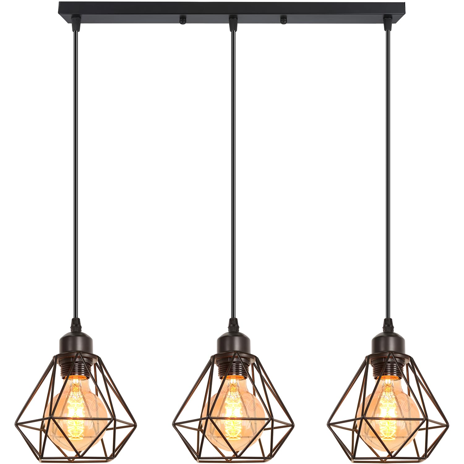 iDEGU 3 Luces Lámpara Colgante Vintage Industrial Iluminación Colgante E27 Retro Pantalla Diseño Jaula de Metal 16cm Luz Colgante Lámpara de Techo para Comedor Dormitorio Cocina Salón (Negro, Barre)