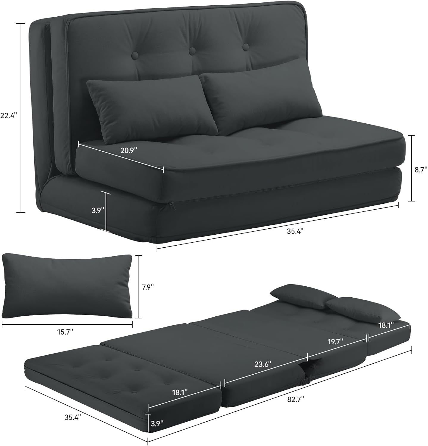 LUCKLIFE Folding Sofa Bed, Convertible Floor Sofa with Pillows, Fabric Floor Couch & Memory Foam Foldable Mattress with Washable Cover for Living Room, Guest Room, Dorm (Black)