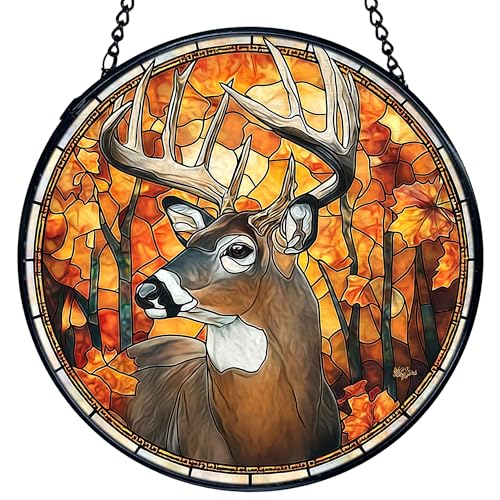 TNUW Fall Deer Stained Glass Window Hanging, Rustic Autumn Forest Wildlife Deer Sun Catchers Indoor Window Glass Round Wall Art Decor, Fall Wall Hanging Decorations, 7.9＂x7.9＂