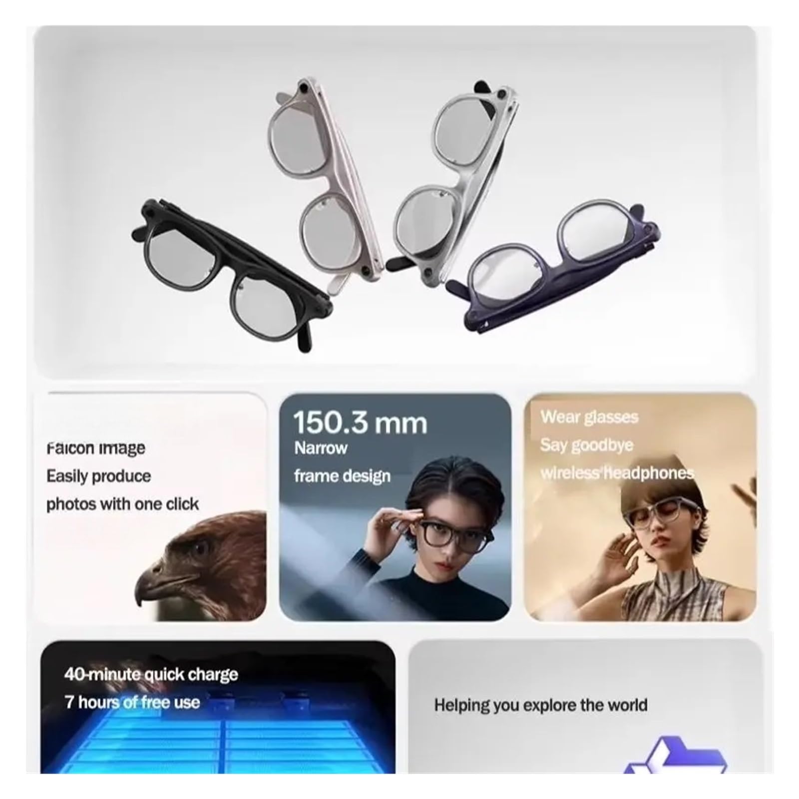 Compatible con Las Gafas Inteligentes RayNeo V3 Slim AI, Gafas de fotografía, Gafas de Audio Bluetooth inalámbricas, Auriculares inalámbricos y monturas con Control por Voz.(Black)