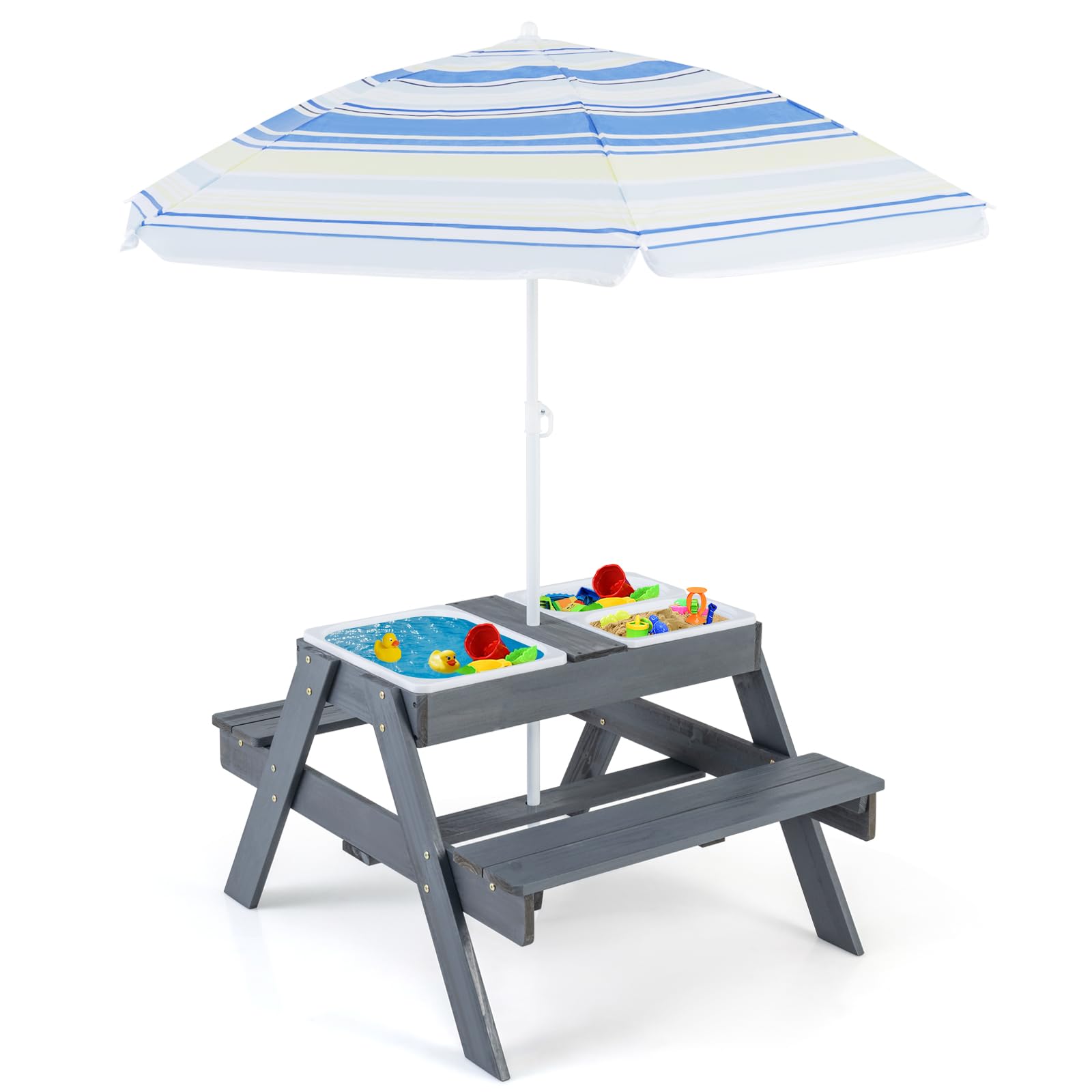 DREAMADE Table de Pique-Nique Enfant en Bois avec Parasol Amovible,Tables Extérieur Garçons Filles avec Bancs de Jardin&3 Boîtes à Couvercle,96x75x54CM (Grise+Coloré)