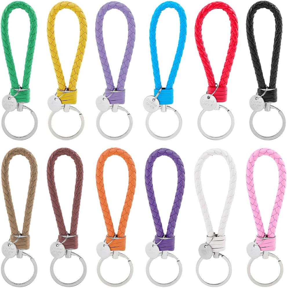 12PCS 3 Colors Briaded PU Leather Car Keychain Woven Strap Key Fob with Alloy Key Rings Braided Rope Keychain