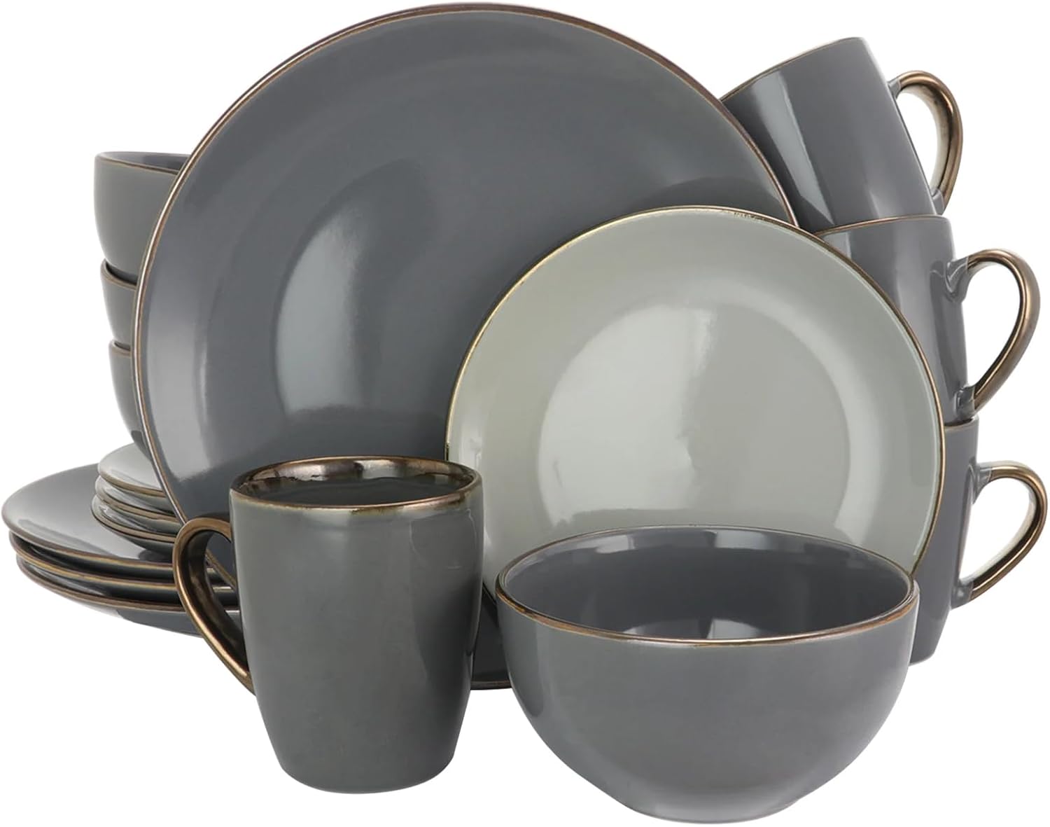 Elama Round Stoneware Grand Collection Dinnerware Dish Set, 16 Piece, Assorted Solid Gray 16 Piece Assorted Solid Gray
