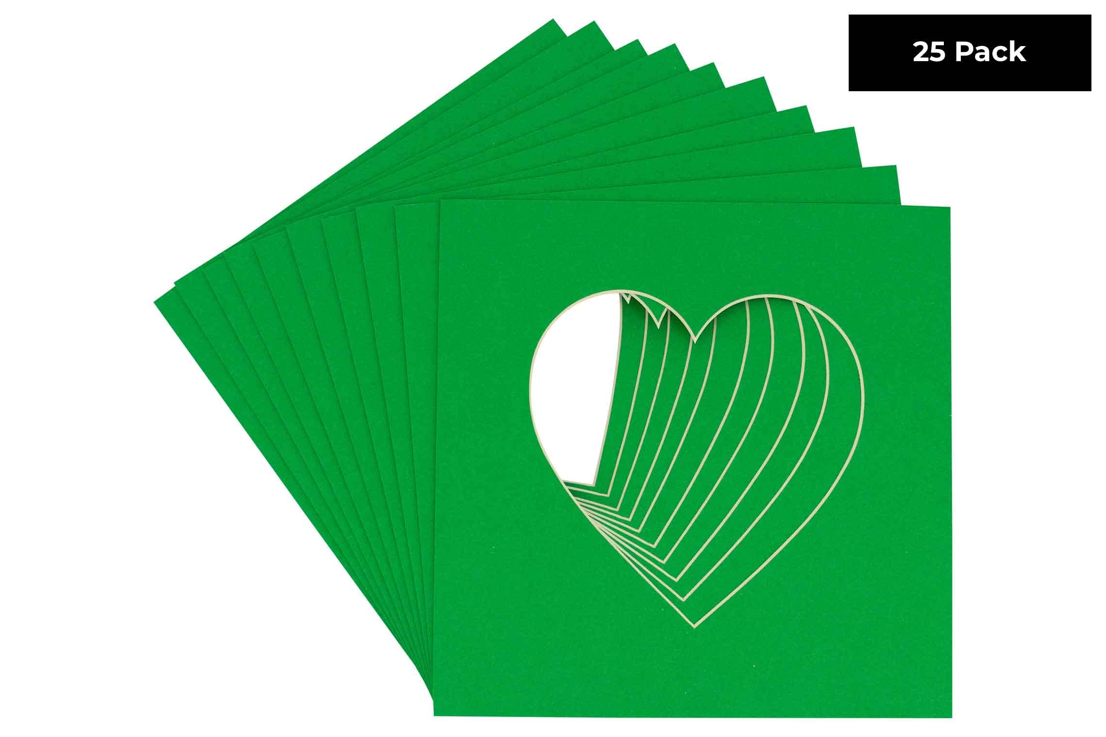 CountryArtHouse Bright Green Acid Free 8x8 Heart Picture Frame Mat with White Core Bevel Cut for 4x4 Pictures - Fits 8x8 Frame - Pack of 25 Matboards