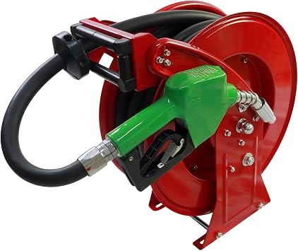 3/4 Inch Fuel Hose Reel,3/4"X33 Retractable Ratchet Spring Driven Diesel Hose Reel,360 Rotating Fuel Hose Swivel,AUTO Fuel Nozzle,SS304 Elbow Pipe,Barb Fitting,300 PSI,1"NPT Inlet,3/4" Outlet