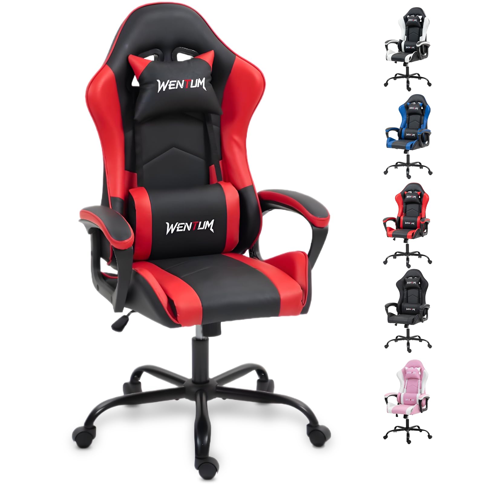 Ergonomic Massage Gaming Chair for Kids Adults, Comfy PU Leather Office Desk Chair with Adjustable Headrest Lumbar Support 360° Swivel, Red