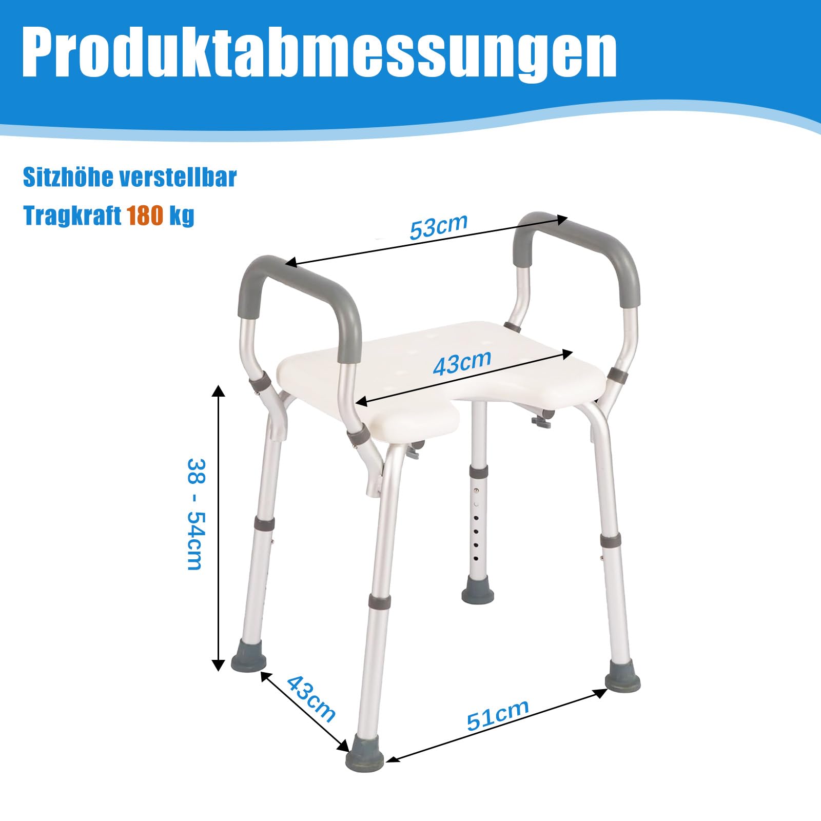 Duschhocker für Senioren, 6-stufig höhenverstellbarer Badewannenhocker mit Armlehnen & U-Sitz, Rutschfester Aluminium Duschstuhl mit Eva-Polster, 38-67cm, 150kg Tragkraft für barrierefreies Baden