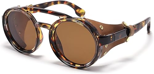 MUDIWRLO Gafas de sol polarizadas redondas steampunk con escudo lateral de cuero