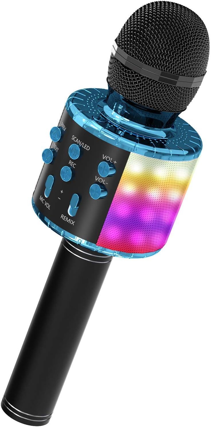 OVELLIC Karaoke Microphone for Kids, Wireless Bluetooth Karaoke Microphone with LED Lights, Portable Handheld Mic Speaker Machine, Great Gifts Toys for Girls Boys Adults All Age (Black Blue)