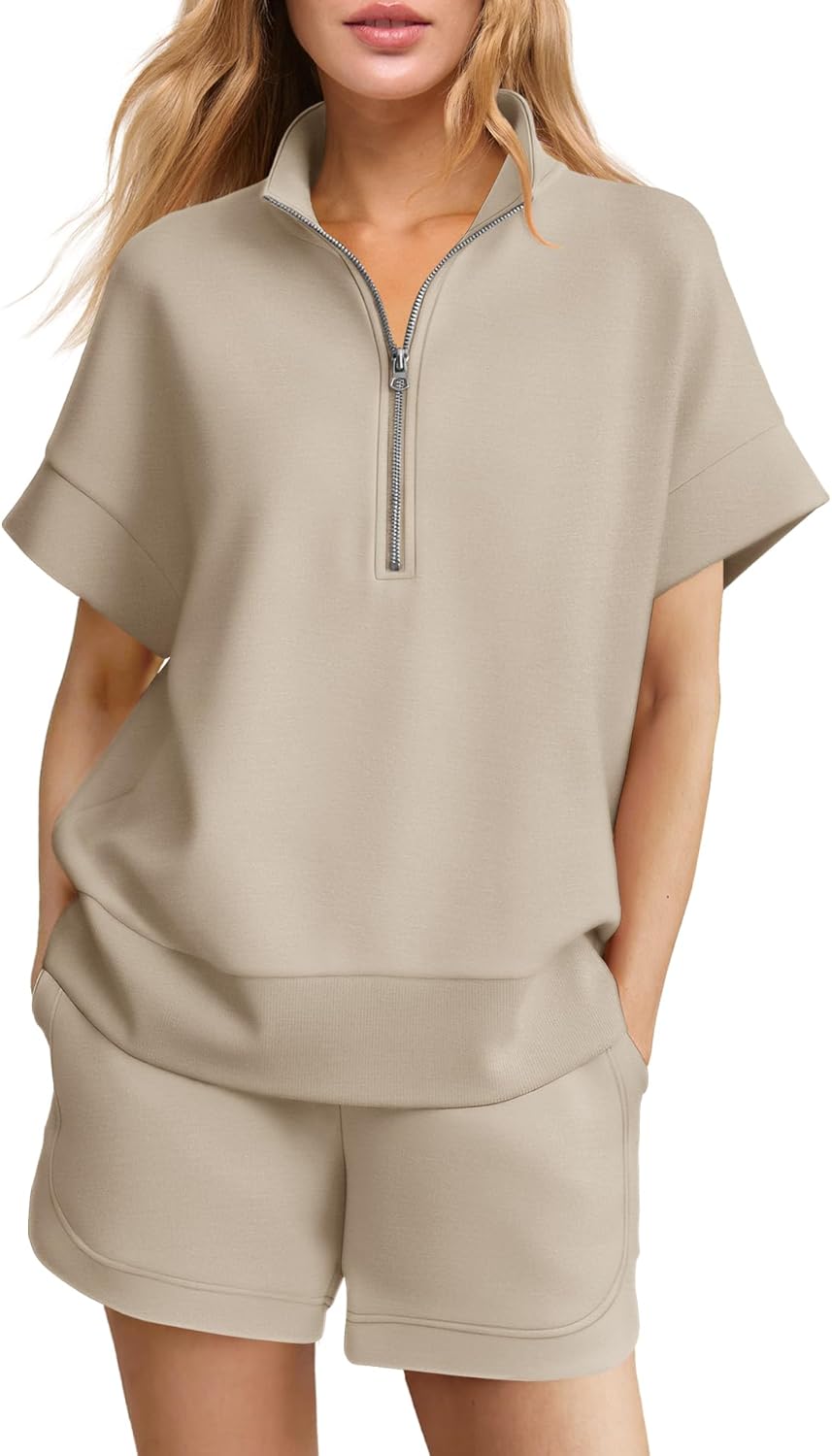 Yanekop Womens Lounge Sweat Set Sweatsuits 2 Piece Short Set Oversized Half Zip Tops and Shorts Airport Travel Outfit