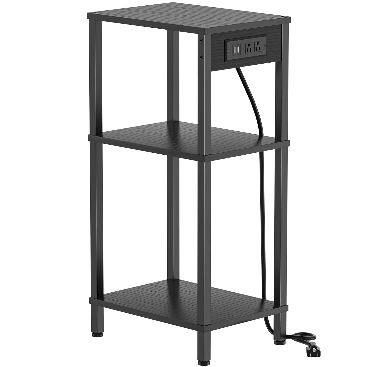 Tall End Table with Charging Station and USB Ports, 3 Tier Narrow Side Table with Storage, Skinny Nightstand with Outlets for Bedroom, Living Room, Office, Black