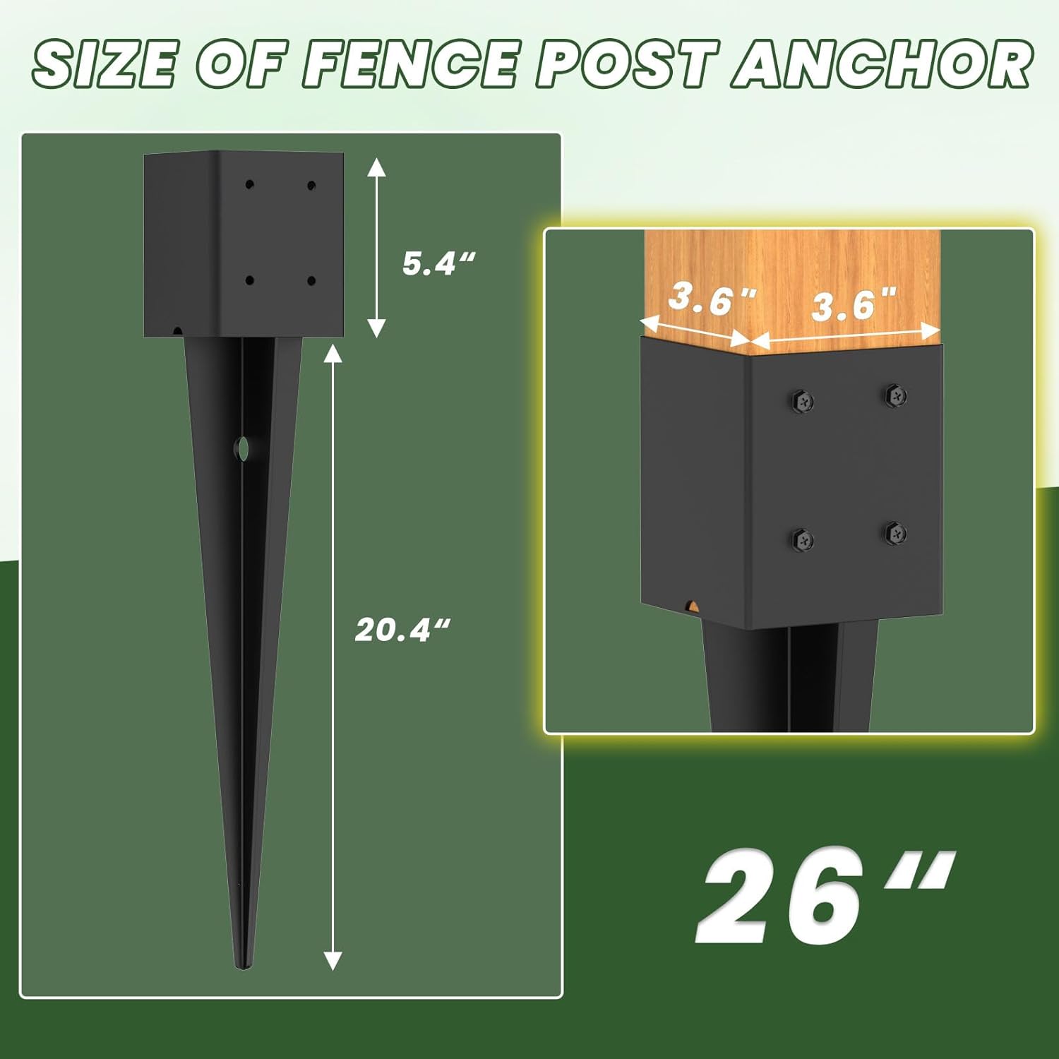 2 Pcs 4"x4" Fence Post Anchor Ground Spike 26"(Actual: 3.6"x3.6") Heavy Duty Metal Fence Post Anchor, Black Powder-Coated, for Fence,Deck,Bird Feeder,Railing,Mailbox - Image 2