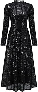 Women's Round Neck Mesh Sequin Patchwork Long Sleeve Pleated Dinner Party Dress