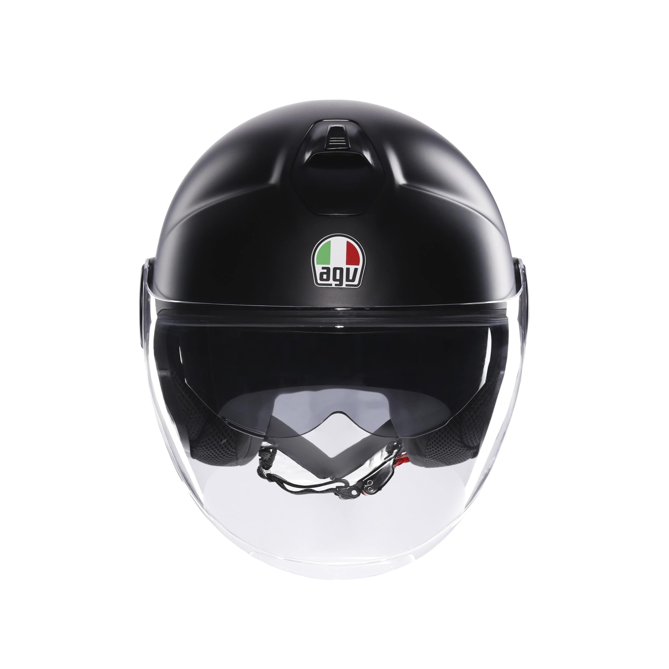 AGV - ETERES E2206, Casque Moto Jet Unisexe, Casque Moto Ouvert avec Anneau Antivol, Visière Anti-Rayures et Anti-UV, Technologie d'Absorption Instantanée de la Sueur, Matt Black, M