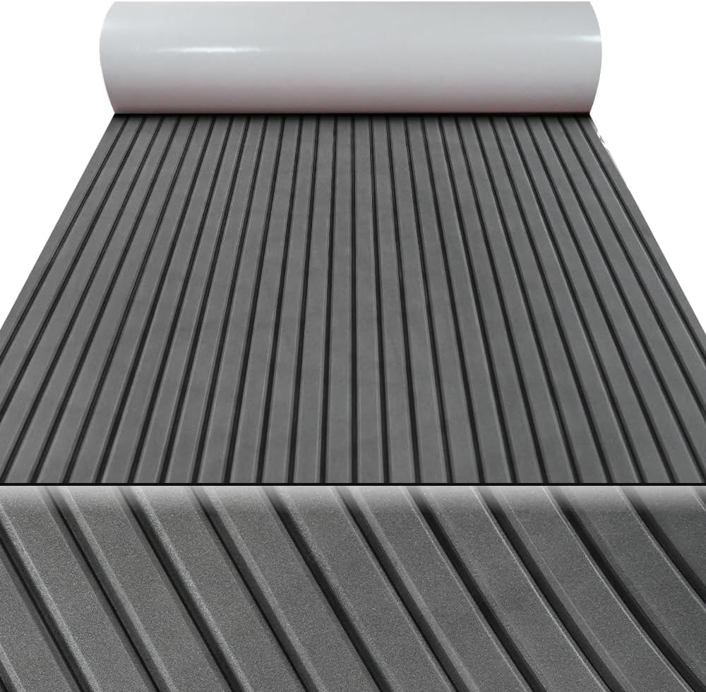 98.4"X45.2" Upgrade Latest Model Boat Flooring Eva Foam Decking Marine Non-Slip Self-Adhesive Flooring for Motorboat Fishing Boat Yacht 98.4" X 45.2" Straight groove Dark gray and black