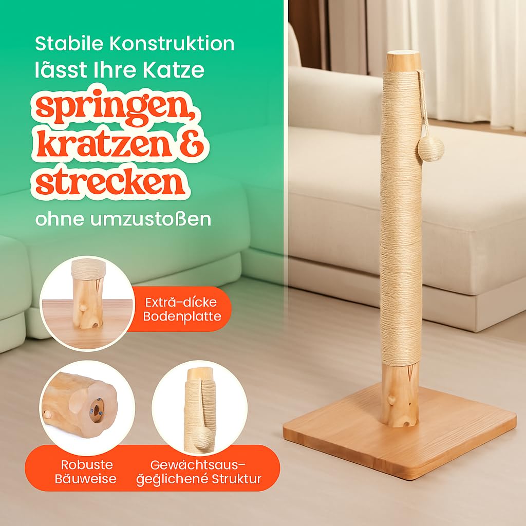 89 cm Kratzsäule aus Massivholz, Langlebiger Kratzbaum aus Holz | 8 kg Stabiler Stand, Natürlicher Birnbaumstamm, Sisalseil, Massivholz-Basis mit Eichenfurnier, 1 Jahr Ersatzseil