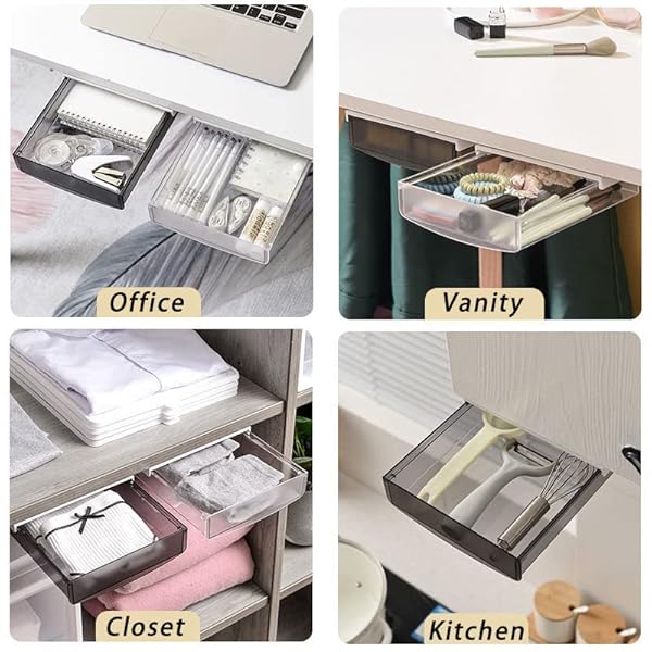 SOUJOY 3 Pack Under Desk Drawer, Self-Adhesive Slide Out Organizer Tray, Plastic Under Table Attachable Hidden Storage Organizer for Office Home School Kitchen Sewing Table by SOUJOY - Image 7
