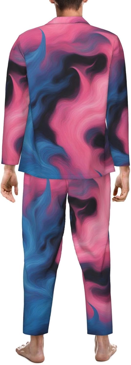 Blue And Pink Fire Print Luxurious Mens Pajamas Set,Soft Breathable Pajamas, Perfect For Winter Christmas